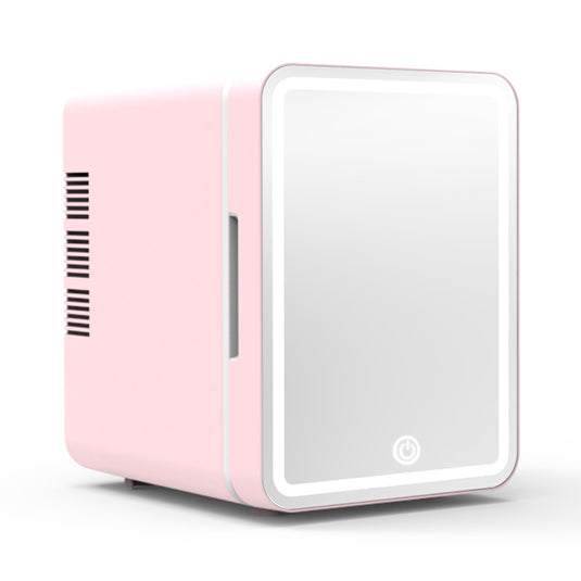 RefreshaLux Mirror Beauty Fridge in pink with sleek mirror door, designed to keep skincare products fresh and effective.
