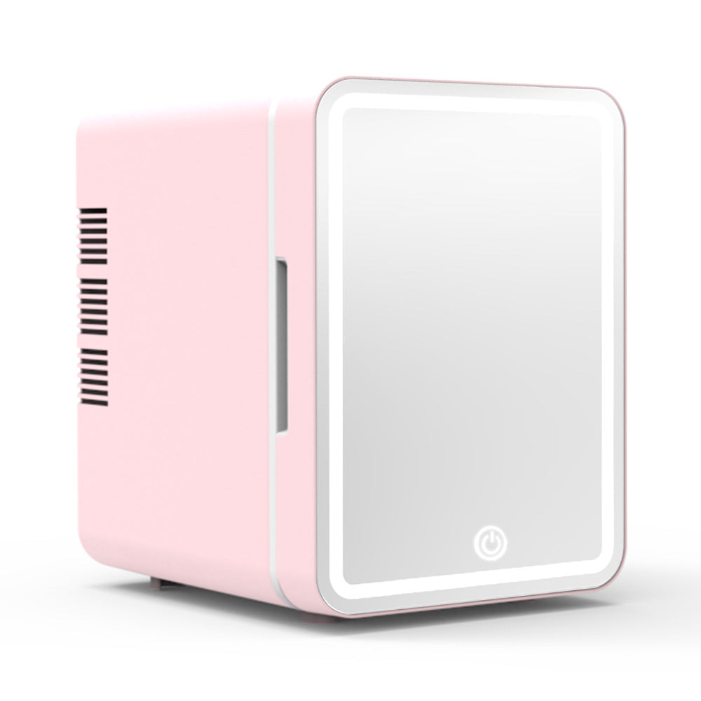 RefreshaLux Mirror Beauty Fridge in pink, featuring a sleek mirror door for skincare preservation.